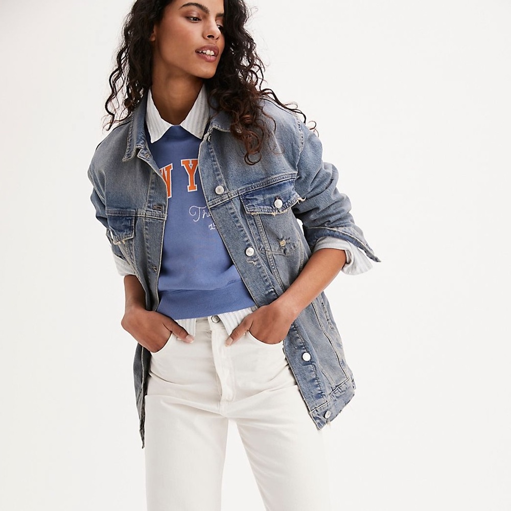 Women’s Free People Destroyed Long and Lean Trucker Jacket